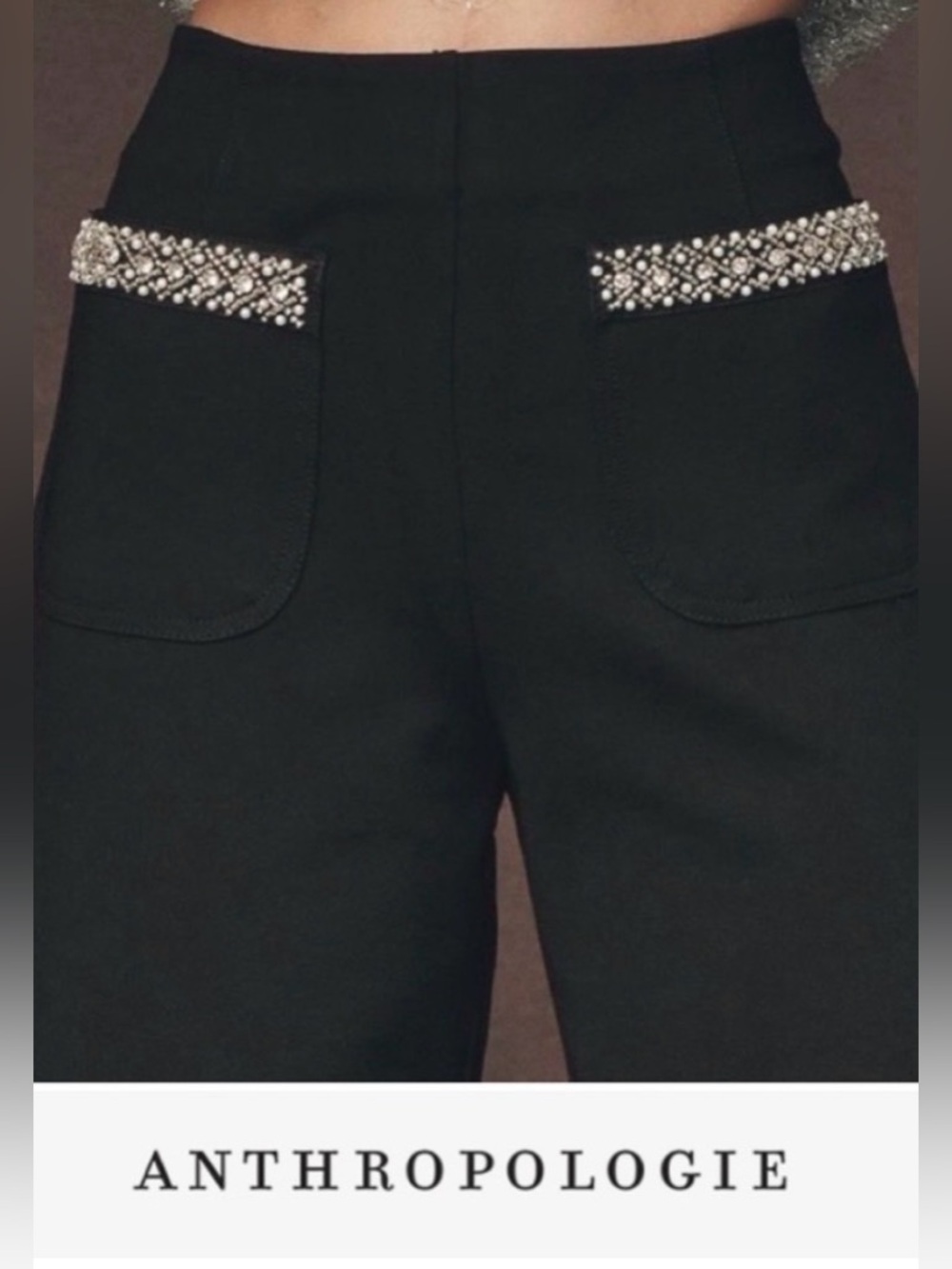 Anthropologie Maeve Black Wide-Leg Pants Pearl Bead Sequin Pocket Trim Sz 33